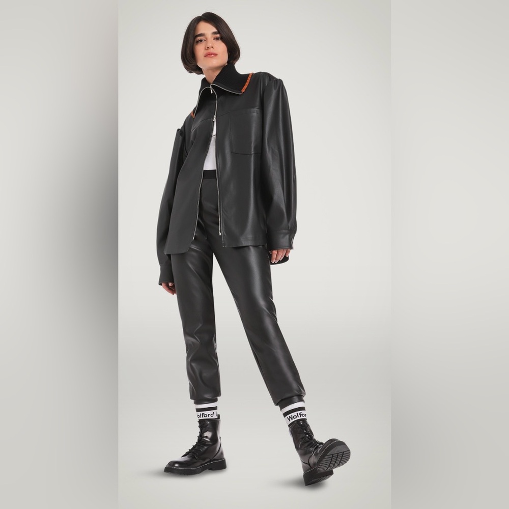 NWT Wolford Black Vegan Leather Trousers Pants Small Luxury Jogger retail $425!